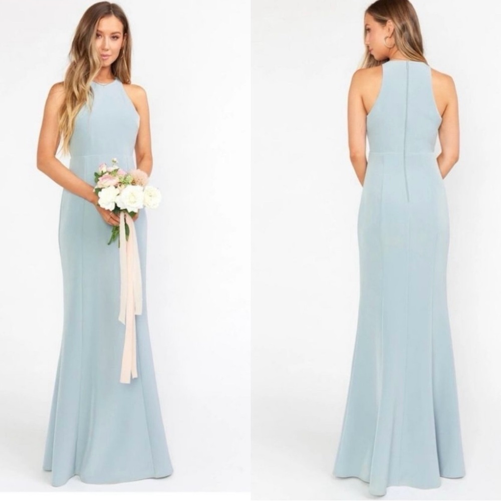 NWT SHOW ME YOUR MUMU Chicago High Neck Silver Sage Bridesmaid Dress Gown Size S